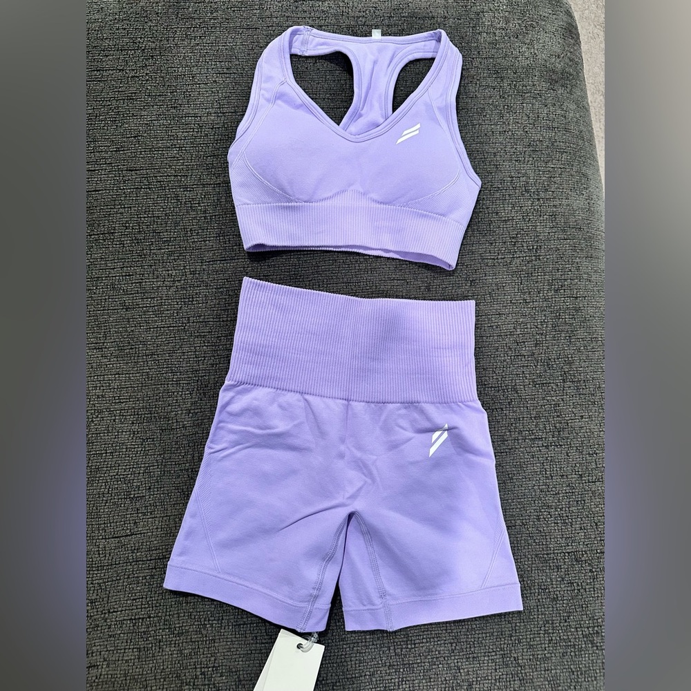 DOYOUEVEN Purple Athletic Shorts and Sports Bra Set